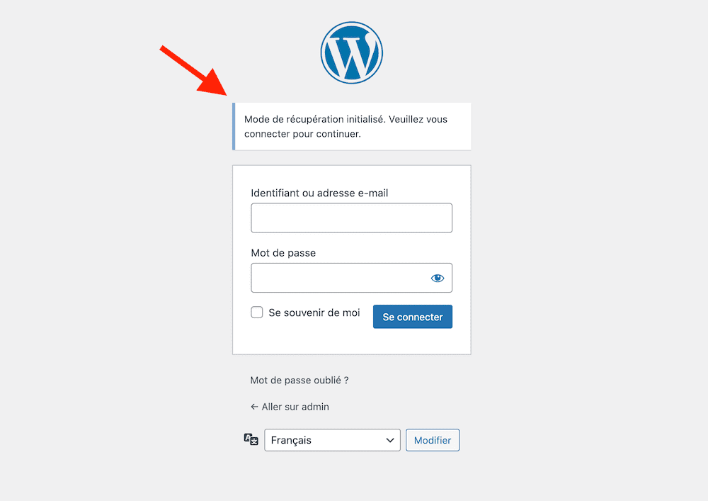 interface de connexion au mode récupération
